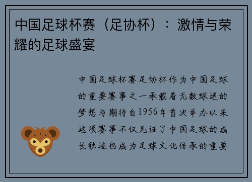 中国足球杯赛（足协杯）：激情与荣耀的足球盛宴