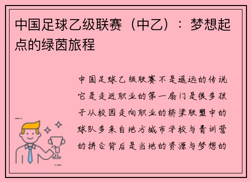 中国足球乙级联赛（中乙）：梦想起点的绿茵旅程