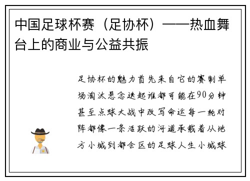 中国足球杯赛（足协杯）——热血舞台上的商业与公益共振