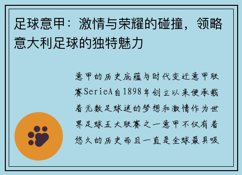 足球意甲：激情与荣耀的碰撞，领略意大利足球的独特魅力