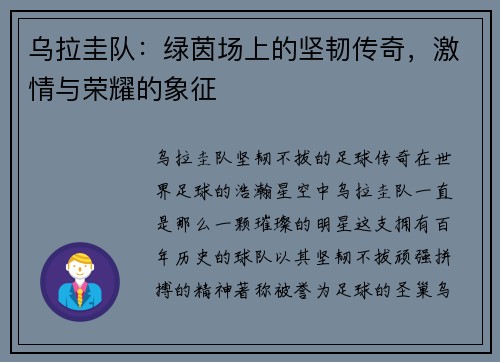 乌拉圭队：绿茵场上的坚韧传奇，激情与荣耀的象征
